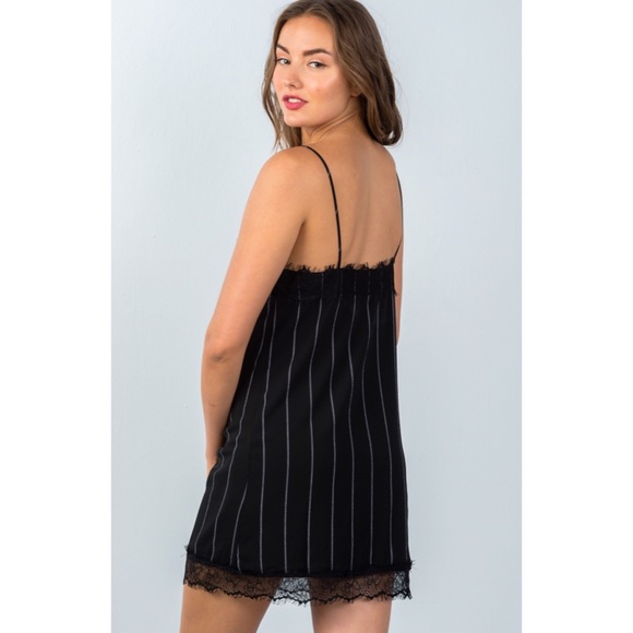 Black pinstripe lace trim slip mini dress - Picture 4 of 5